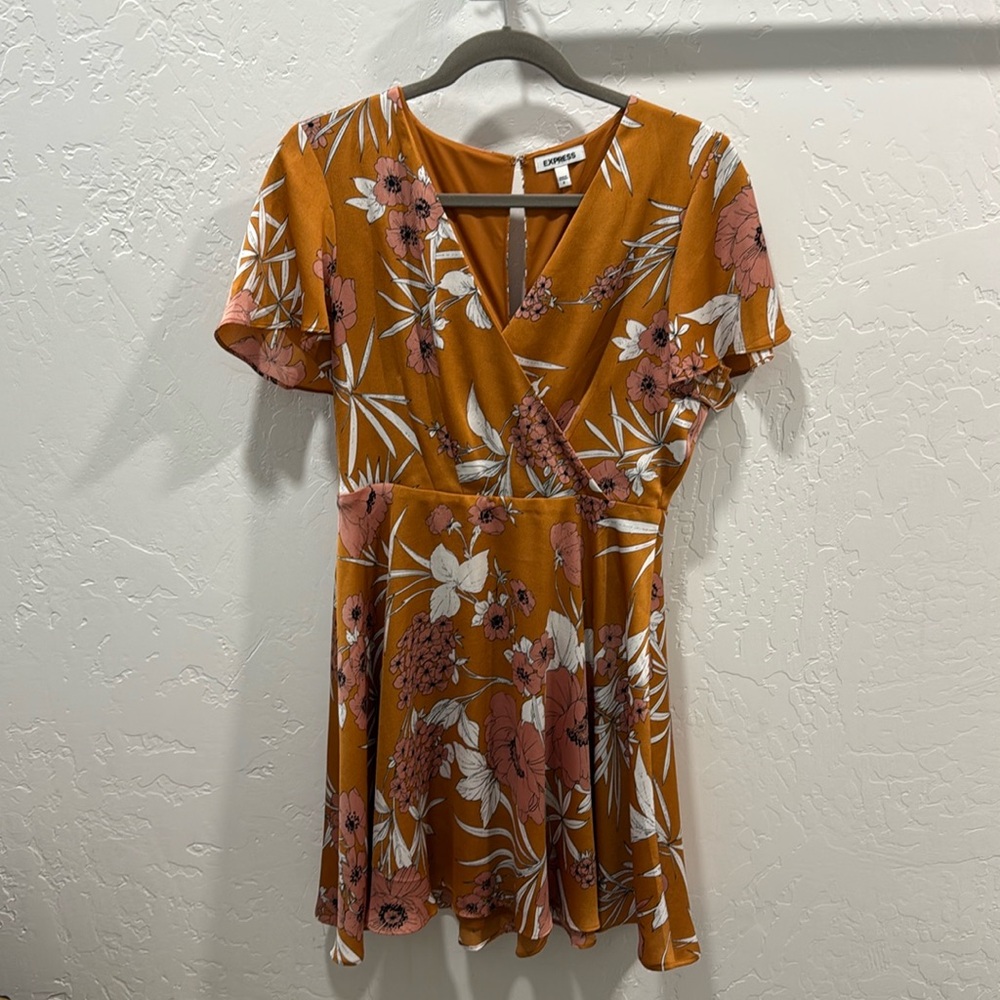 Express Burnt Orange and Mauve Ruffled Mini Sundress with Flutter Sleeves